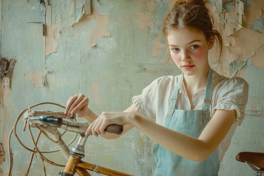 Young woman in an apron meticulously repairs an old bicycle against a rustic wall.