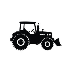 Black silhouette of a tractor with a front loader attachment isolated, farm tractor with plow silhouette vector illustration