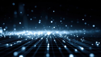 Obraz premium Abstract digital landscape with glowing particles and grid