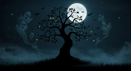 Spooky Halloween Night Scene With Ghosts Bats And A Full Moon