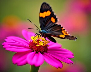 Obraz premium Butterfly on Pink Flower with Yellow Center and Green Background