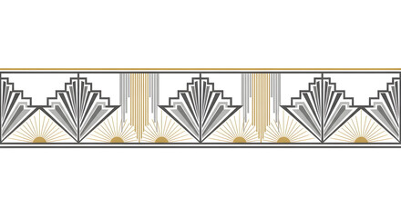 Elegant Art Deco geometric border design with sunburst and fan motifs in gold grey and black