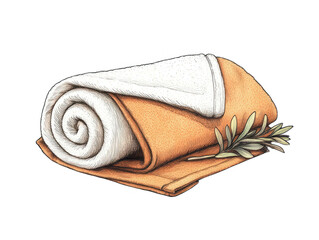 Illustration Of A Rolled Towel Orange And White Adorned With A Sprig Of Rosemary Against A Transparent Background