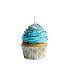 Blue Frosted Birthday Cupcake with Sprinkles and Lit Candle, Isolated on Transparent Background