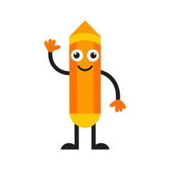 Cartoon Pencil Character Waving Hand Clean Vector Illustration