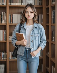 Asian university student in casual outfit with books by bookshelf (Ai Character Elly)