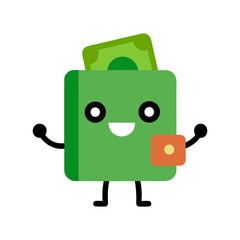 Cute Cartoon Wallet Character Happy Face Flat Vector Illustration