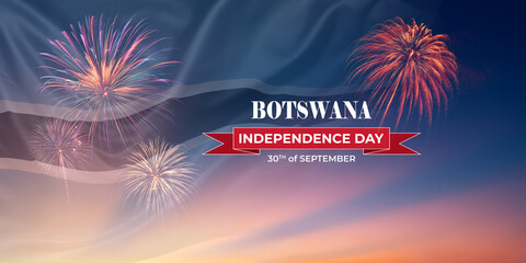 Waving National flags of Botswana In sky with fireworks and text