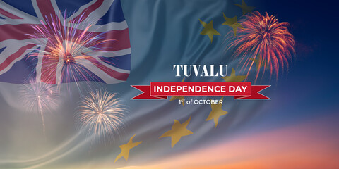 Waving National flags of Tuvalu In sky with fireworks and text