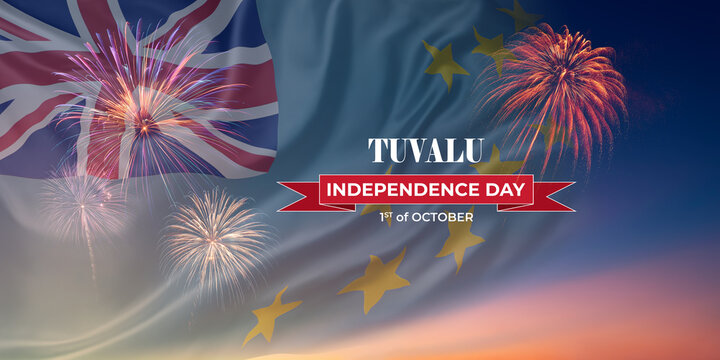 Waving National flags of Tuvalu In sky with fireworks and text