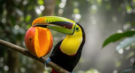 Keel-billed Toucan Feasting on Mango, Perched on Branch in Lush Rainforest
