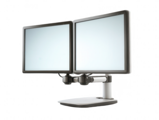 Dual monitors on a modern stand against black The screens are blank and ready to display content transparent background
