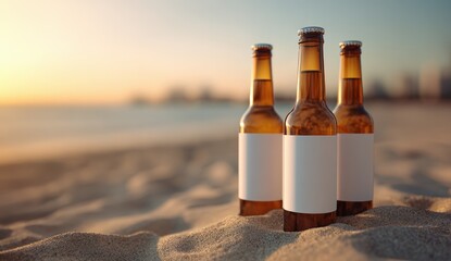 Amber beer bottles on a beach at sunset