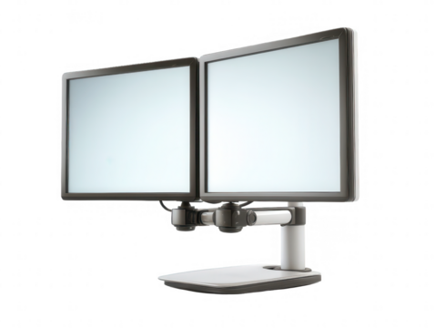 Dual monitors on a modern stand against black The screens are blank and ready to display content transparent background
