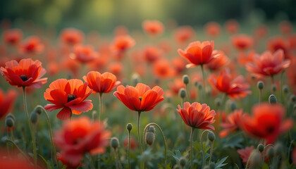 Fototapeta premium A field of red poppies in bloom with a soft focus background and warm light shining through the flowers grainy