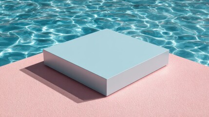 Blue Cube on Pink Surface Near Water