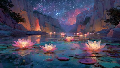 Fototapeta premium Starry night river, lotus blossoms