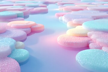 Soft ambient glow across jelly pads resting over pastel bubblegum river