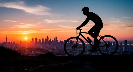 Obraz premium Silhouette of a cyclist riding a mountain bike at sunset with a city skyline in the background.