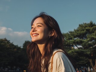 A radiant Korean woman smiles joyfully gazing up at the blue sky under warm sunlight