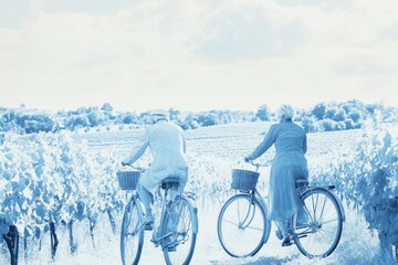 Elderly couple cycling through a serene vineyard, enjoying a peaceful countryside ride.