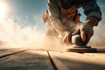 Carpenter Smoothing Wood Surface with Orbital Sander in Dusty Environment.