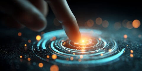 Close-up of a finger pressing on a futuristic digital interface with glowing lights and circular patterns. Concept for innovation, artificial intelligence and virtual reality