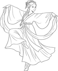 Traditional dance illustration, black and white sketch, flowing garments, graceful movement, cultural attire, elegant pose, East Asian style, line art drawing