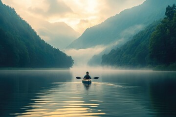 A lone kayaker paddles through a serene, misty lake nestled between majestic mountains at sunrise.
