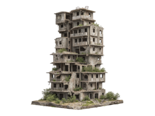 Ruined multistory building overgrown with vegetation, Isolated On White Background, Png Transparent