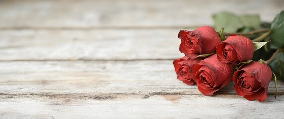 Red Roses On Rustic Wood Surface