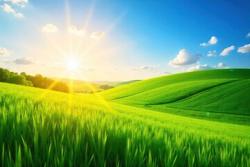 Obraz premium Golden hour sunlight bathes a vibrant summer landscape; lush green fields stretch to a clear blue sky, perfect for a refreshing summer campaign , landscape, refreshing, field