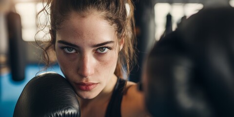 Portrait of determined woman in boxing gloves looking at the camera, intense gaze and powerful stance, concept for fitness motivation, personal empowerment and combat sports advertising