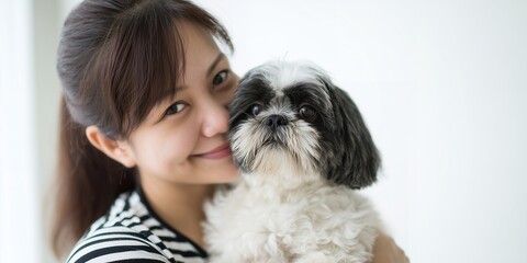 Smiling young woman holding her lovely Shih Tzu dog with a friendly expression, concept for pet ownership, family happiness and companionship promotion