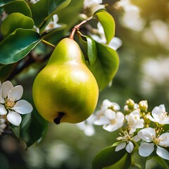 Obraz premium Green Pear Amongst White Blossoms