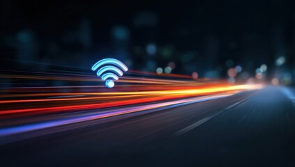 Night highway with wifi symbol and motion blur