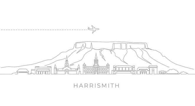 Harrismith South Africa skyline illustration with line art, and plane.