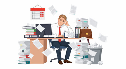 Overwhelmed office worker stressed by piles of paperwork and deadlines.