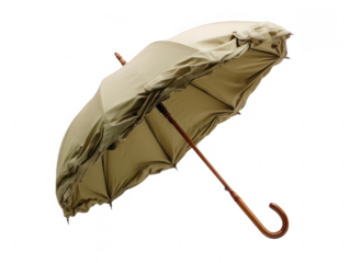 Opened khaki umbrella with a wooden handle presented against a stark black backdrop