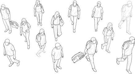 Vector vector art of top view sketch of a group of people walking, transparent background © SampaRani