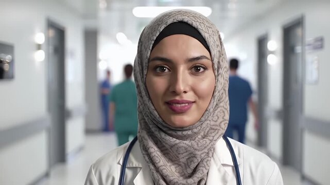 Close Up Portrait of Young Female Doctor in White Coat and Light Brown Hijab in a Hospital Hallway with Other Health Professionals for Medical and Healthcare Promotional Videos 198 Characters