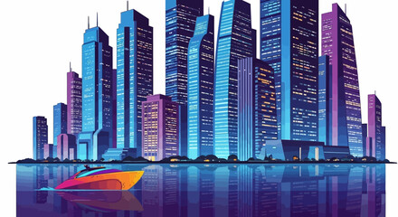 Futuristic cityscape with vibrant neon skyscrapers and a sleek boat gliding on reflective water at night.