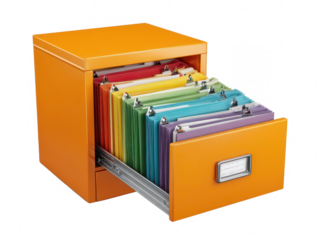 Open orange filing cabinet drawer filled with colorful file folders against a black backdrop