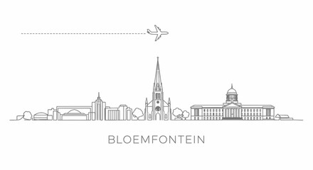 Obraz premium Bloemfontein with South Africa city skyline line art, and plane flying.