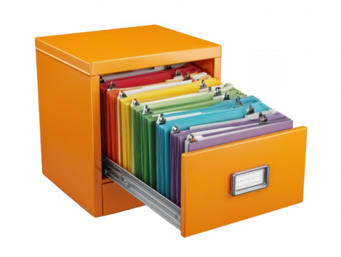 Open orange filing cabinet drawer filled with colorful file folders against a black backdrop