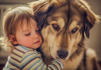 A young child is hugging a large dog, showing a strong bond and affection between the two best friends, capturing a heartwarming moment of companionship and love