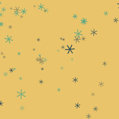 Abstract Scattered Teal and Blue Starburst Shapes on a Muted Yellow Background