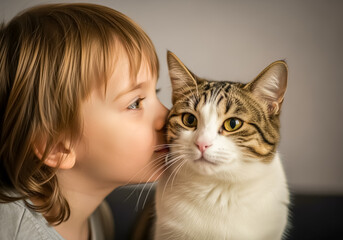 A young child gently kisses a tabby cat on the cheek, showing a loving bond between a child and their pet in a closeup portrait