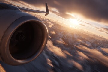 Fototapeta premium Airplane engine and sunset over mountain peaks
