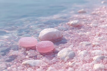 Soft jelly pads appear frozen above sparkling bubblegum riverbed in calm